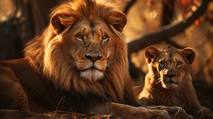 Fototapeta premium Un lion avec un lionceau dans la savane africaine