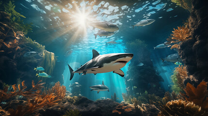 Obraz premium Requins et poissons dans l'océan tropical