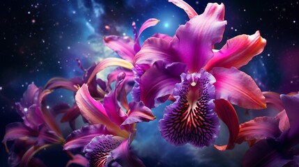 A vibrant bouquet of Celestial Cattleya orchids held against the backdrop of a brilliant,...