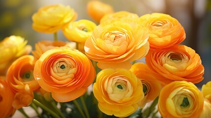 A vibrant cluster of Radiant Ranunculus flowers, each petal capturing the sunlight in