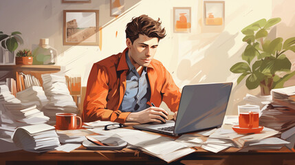 Fototapeta na wymiar An entrepreneur in a home office, multitasking with a laptop, smartphone, and paperwork on a desk