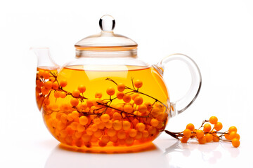 A glass teapot with sea-buckthorn berries, oolong tea in glass kettle isolated on white background. Chinese tea ceremony - obrazy, fototapety, plakaty