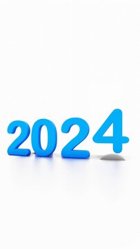 2024 New Year, Happy new Year vertical video, Portrait video suitable forsocial media, blue text 2024 come up after old year 2023, animated motion graphics 3d text