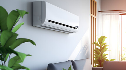 Air conditioner on the wall in a living room, energy saving solution in the Livingroom