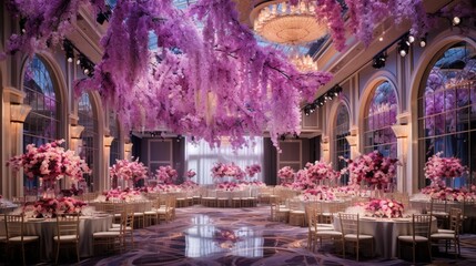 A vibrant, full ultra HD image of an orchid-themed ballroom, adorned with opulent orchid...