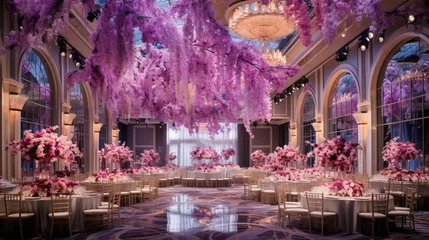 Foto auf Alu-Dibond A vibrant, full ultra HD image of an orchid-themed ballroom, adorned with opulent orchid centerpieces and grand chandeliers. © Anmol