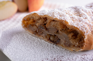 Paired pieces of delicious strudel stuffed with apples and cinnamon on a light plate on a light background. Place for writing. Close up view. Homemade Ukrainian pastries