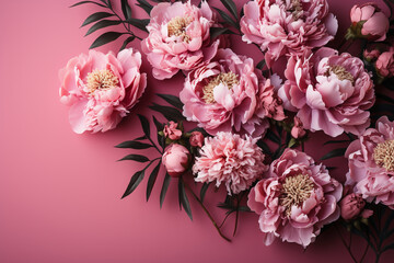 A Bright and Vibrant horizontal layouto on a pink background, Peony Flowers on, flat lay top view. AI generative