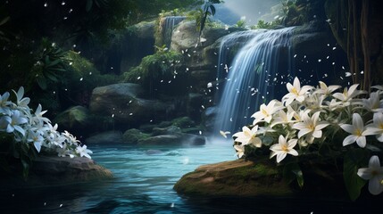A cascading waterfall with Stardust Stephanotis flowers adorning the surrounding rocks, all in...