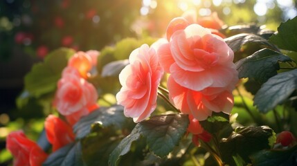 A vibrant Moonbeam Begonia plant in a lush garden, basking in the soft morning sunlight.