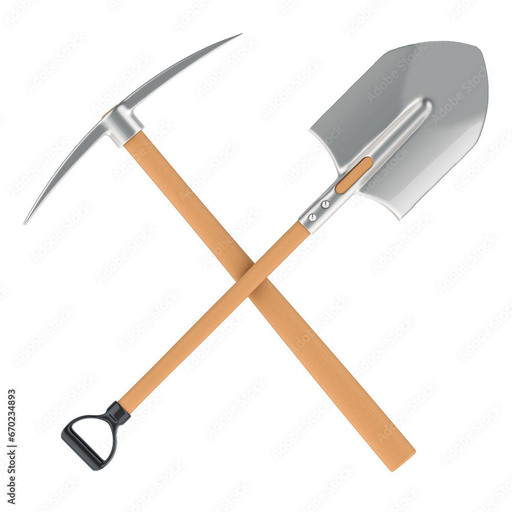 Poster crossed spade and pickaxe, 3d rendering isolated on transparent background