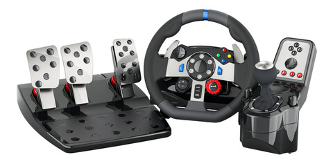 Gaming racing steering wheel with foot pedal and vibration feedback, 3D rendering isolated on transparent background