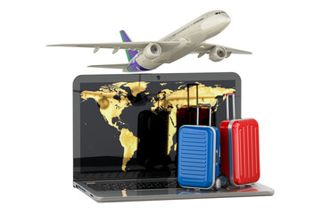 Laptop with airplane and suitcases. Global Air Travel, concept. 3D rendering isolated on transparent background