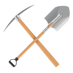 Crossed spade and pickaxe, 3D rendering isolated on transparent background