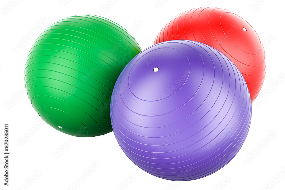 Poster set of fitballs, yoga balls, exercise balls. 3d rendering isolated on transparent background