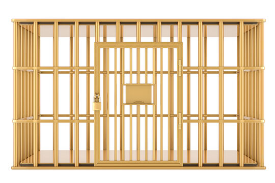 Golden cage, prison cell. 3D rendering isolated on transparent background