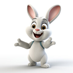 3D cartoon style illustration of a baby rabbit wearing a shirt and a happy face. Isolated on white background.