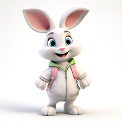 Obraz premium 3D cartoon style illustration of a baby rabbit wearing a shirt and a happy face. Isolated on white background.