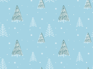 Christmas seamless pattern with abstract pine fir spruce and snowflakes. Winter holidays doodle hand drawn background. Sketch minimalist abstract natural illustration for Xmas design