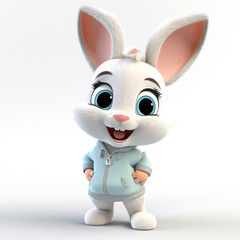 3D cartoon style illustration of a baby rabbit wearing a shirt and a happy face. Isolated on white background.