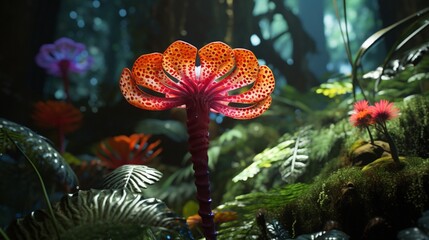 A vibrant Radiant Rafflesia flower blooming in a lush tropical rainforest.