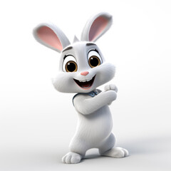 3D cartoon style illustration of a baby rabbit wearing a shirt and a happy face. Isolated on white background.
