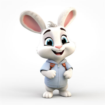 3D cartoon style illustration of a baby rabbit wearing a shirt and a happy face. Isolated on white background.