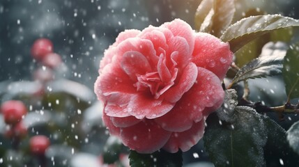 A Celestial Camellia blossom covered in a light dusting of snow, contrasting its vibrant colors...