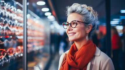 Middle-aged woman wearing glasses with graying hair is looking for new glasses at the optician