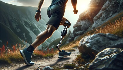 Man with prosthetic leg trail running up the mountain, Prosthesis concept, healthy lifestyle - obrazy, fototapety, plakaty
