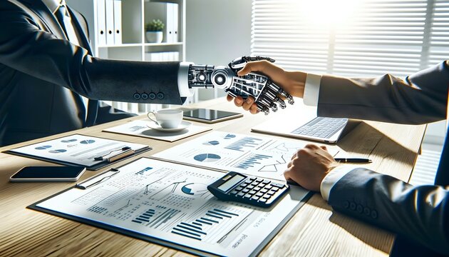 Human robot handshake, artificial intelligence, business concept, closing the deal, background