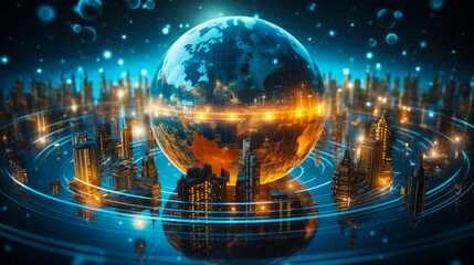 Globe Surrounded by Digital Nodes Emphasizing Worldwide Digital Transformation