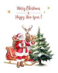 Fototapeta premium Christmas greeting card with Santa Clause and Christmas Tree. Watercolor painted illustration PNG