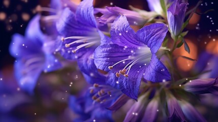 A vivid close-up of a Celestial Campanula in full bloom, showcasing its intricate petals and...