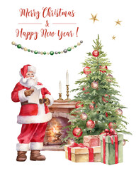 Christmas greeting card with Santa Clause and Christmas Tree. Watercolor painted illustration PNG