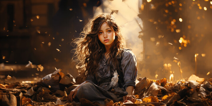 innocent homeless orphan girl over city burned destruction of an aftermath war conflict, earthquake or fire and smoke of world war against children peace innocence as copyspace banner