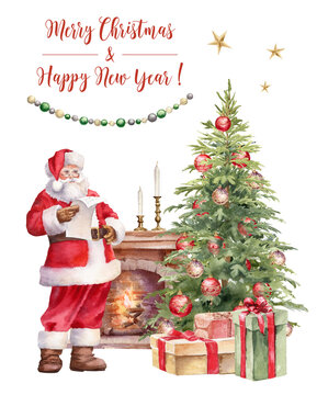 Christmas greeting card with Santa Clause and Christmas Tree. Watercolor painted illustration PNG