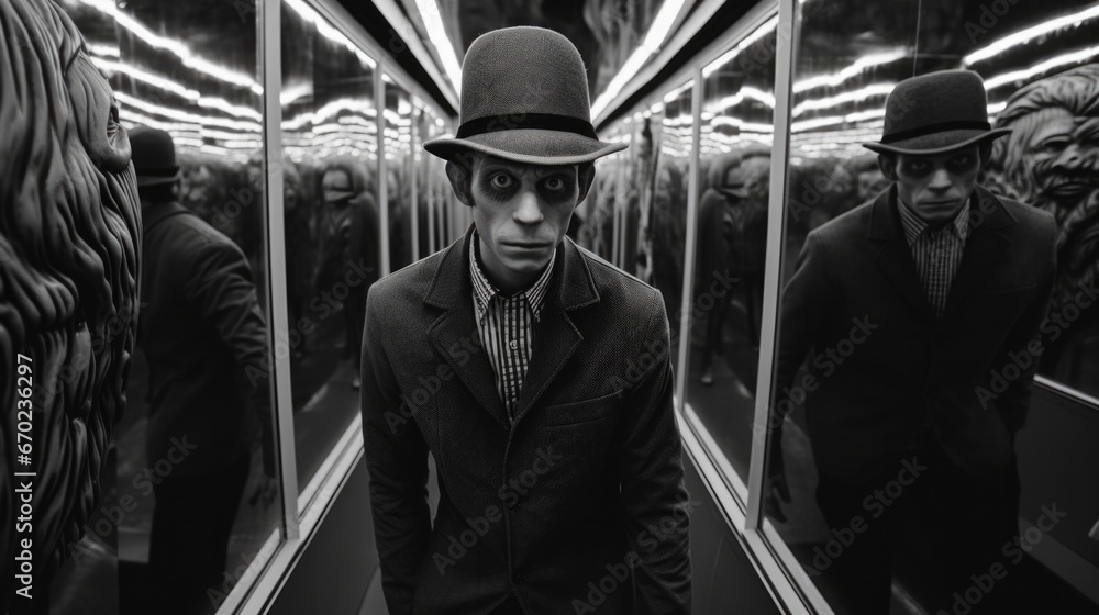 Poster a man in a suit and hat standing in front of mirrors. generative ai.