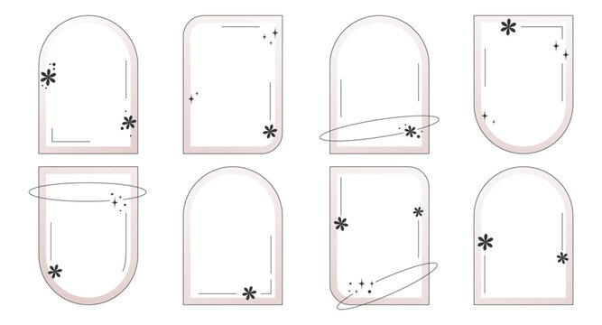 Set of minimalist aesthetic frames with stars, abstract elements. Arches in retro Y2k style. Illustrations for social networks, banners, flyers, etc.