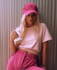 Beautiful blonde girl in a pink cap and white t-shirt with a cup of coffee in her hands.