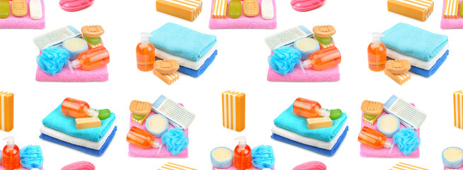 Seamless pattern. Bathroom set (towels, soap, shampoo) isolated on white