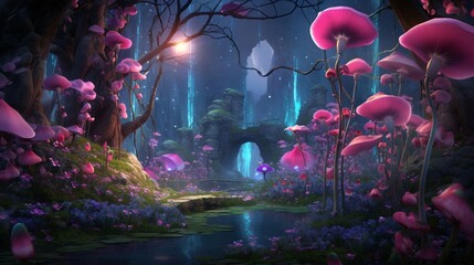 A whimsical garden with Starlight Sweet Pea blossoms, shimmering with a magical aura, all in...