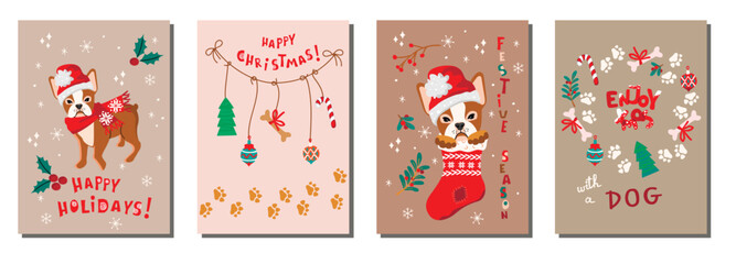Funny Christmas collection greeting card with cute cartoon doggy and hand lettering.Winter holidays poster set with animal character in hat and scarf.Vector backgrounds with holly,sock,stick,paw print