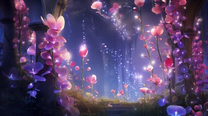 A whimsical garden with Starlight Sweet Pea blossoms, shimmering with a magical aura, all in high-resolution 8K glory. - obrazy, fototapety, plakaty