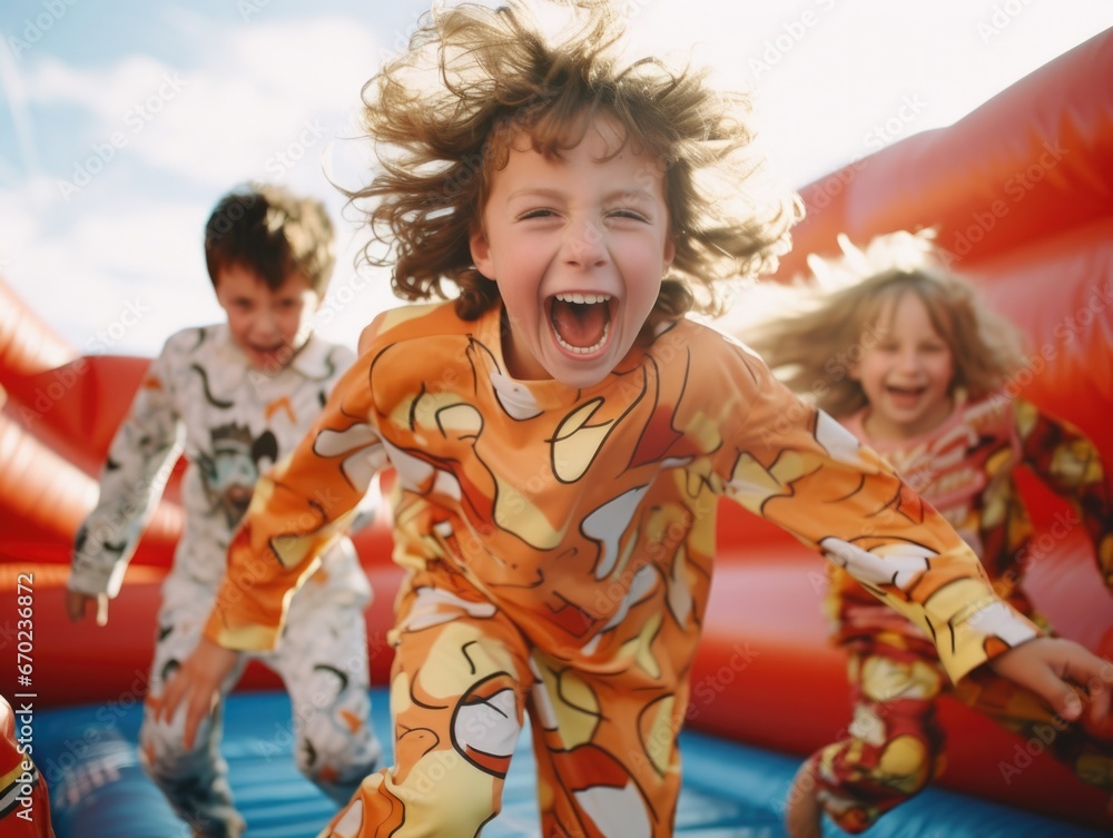 Poster children playing on inflatable slide. generative ai.