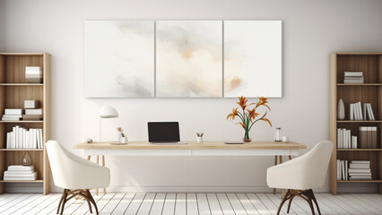 contemporary home office, 2 blank white canvases, 3D wall, neutral colors, daylight