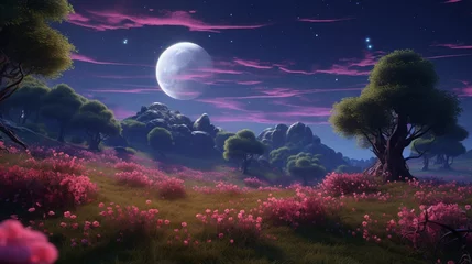  A whimsical scene of Midnight Moss Roses blooming amidst a meadow, with the moon as their gentle guardian. © Anmol