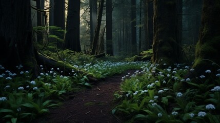 A winding forest path surrounded by a dense cluster of Twilight Trillium blossoms, leading deeper...
