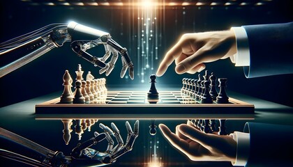 Human playing game of chess against Ai robot, artificial intelligence concept, futuristic background