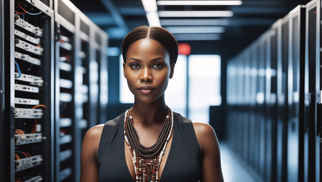 Server Room IT Specialist, Afrian american woman Maintaining Computers and Network..